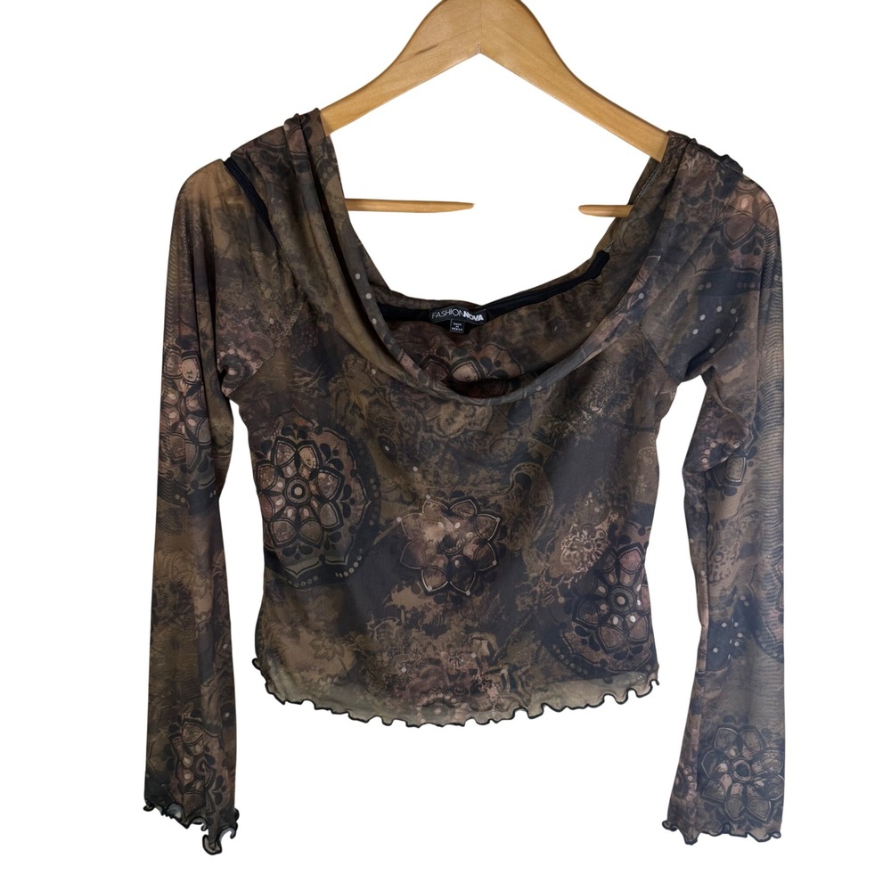 Fashion Nova Brown Mesh Floral Print Cowl Neck Scalloped Hems Long Sleeve Top XL
